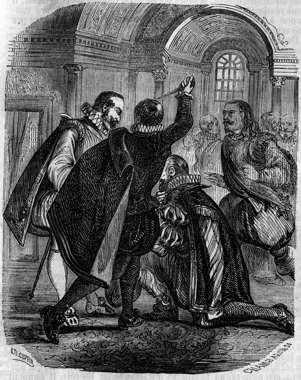 Intento de asesinato de Jean Chastel (1575-1594) al rey de Francia Enrique IV el 27 de diciembre de 1594. Grabado del siglo XIX. de French School