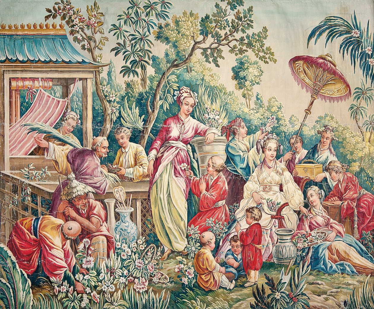 Cartón de Aubusson para un tapiz mural de figuras en un jardín oriental de French School