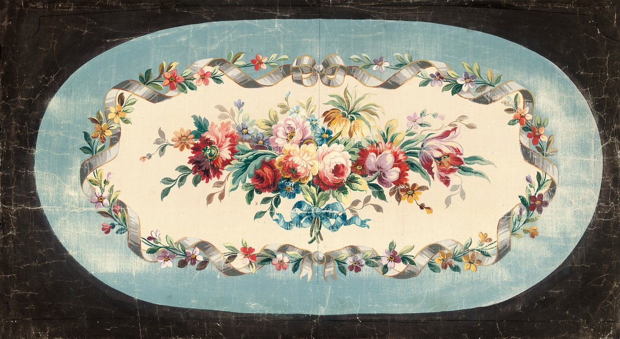 Diseño de Aubusson para el respaldo de un sofá o asiento con ramos de flores mixtas dentro de bordes con cintas y flores de French School