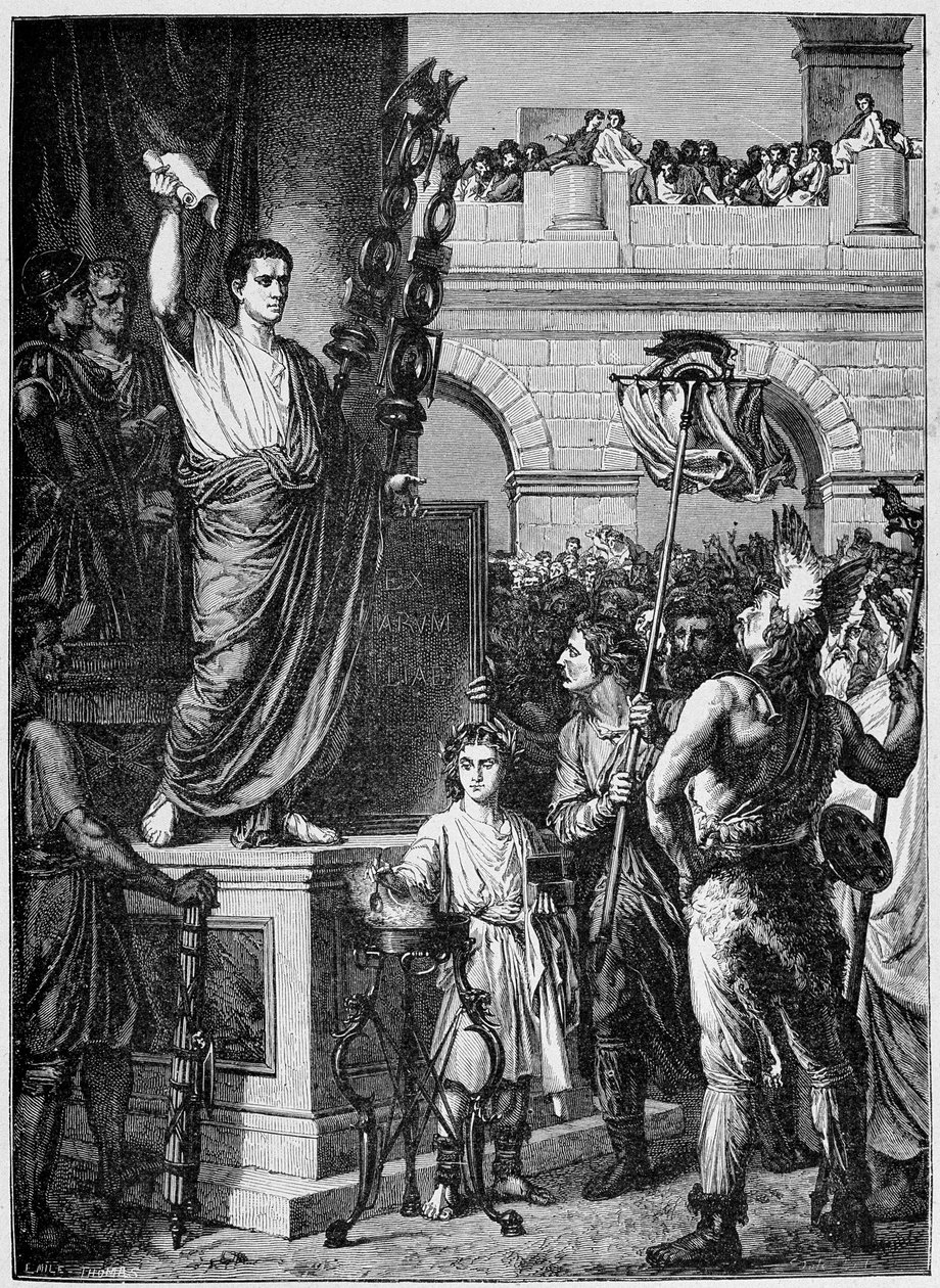 Augusto (Octavio u Octaviano) (63 a.C. - 14 d.C.) presenta la constitución a los diputados de las tres provincias de la Galia Céltica reunidos en Lyon (año 10 d.C.) - en "Francia y los franceses a través de los siglos" de French School