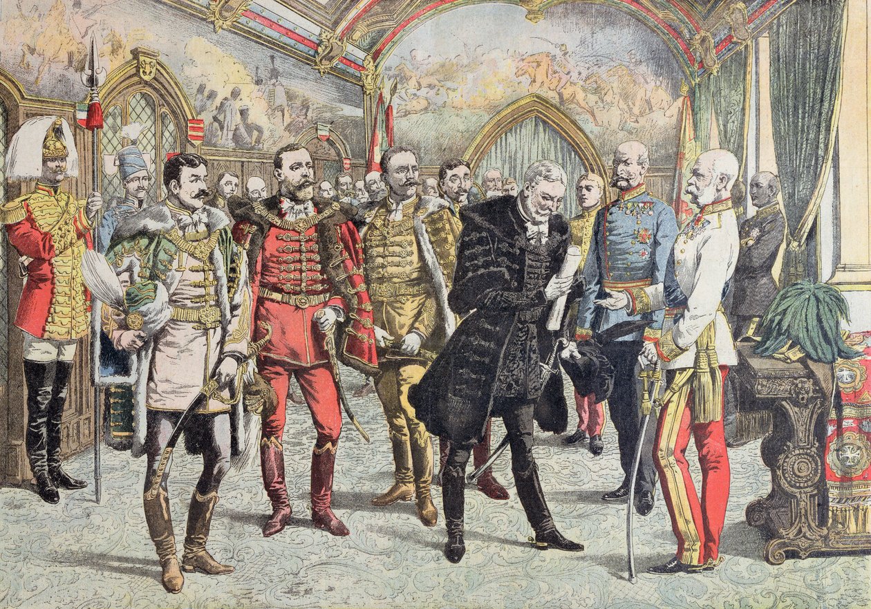 Crisis austrohúngara - recepción de magnates húngaros por el emperador Francisco José, ilustración de Le Petit Journal, 15 de octubre de 1905 de French School