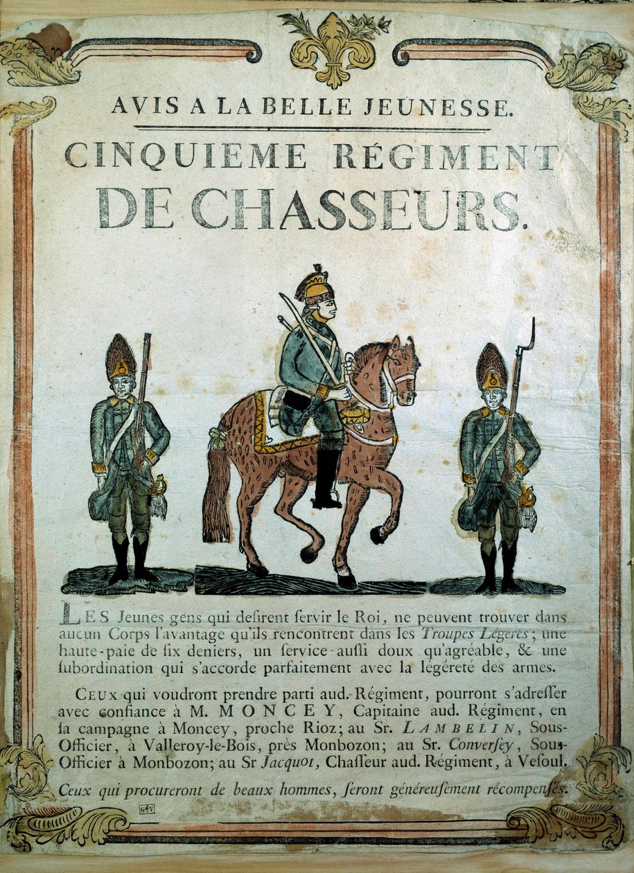 Aviso a la Bella Juventud, cartel de reclutamiento para el 5º Regimiento de Cazadores Siglo XVIII. París, Museo del Ejército de French School