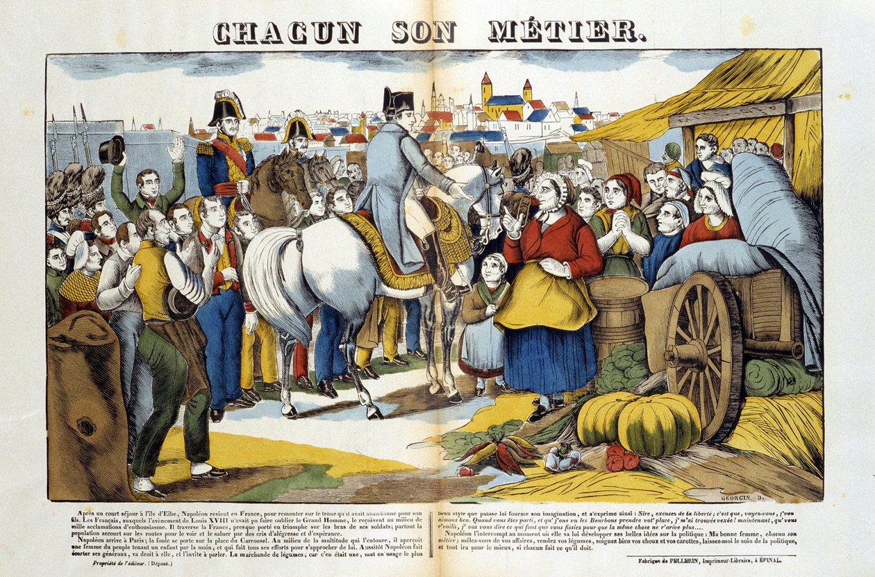De regreso de la Isla de Elba, Napoleón fue recibido con entusiasmo por los franceses. Imagen de Epinal de French School
