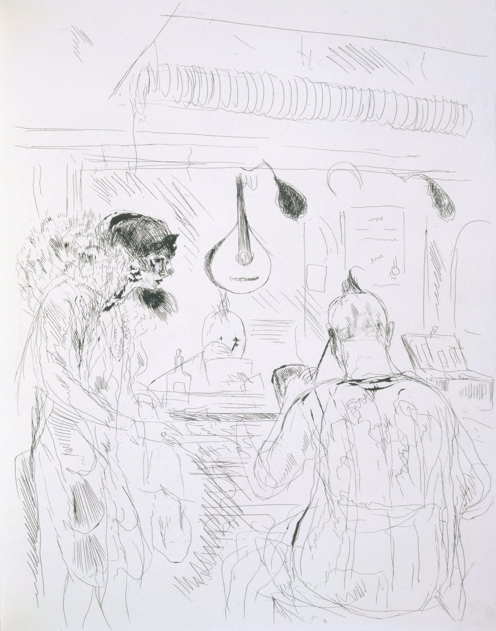 Escena entre bastidores en un Bal de Nuit o circo de París, de Paris Sketches: Etchings by Forain and Raffaelli, 1880 de French School