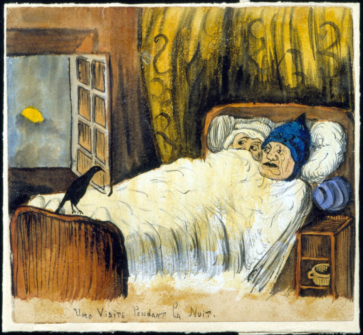Mal augurio: una visita nocturna (una pareja mirando un cuervo) de French School