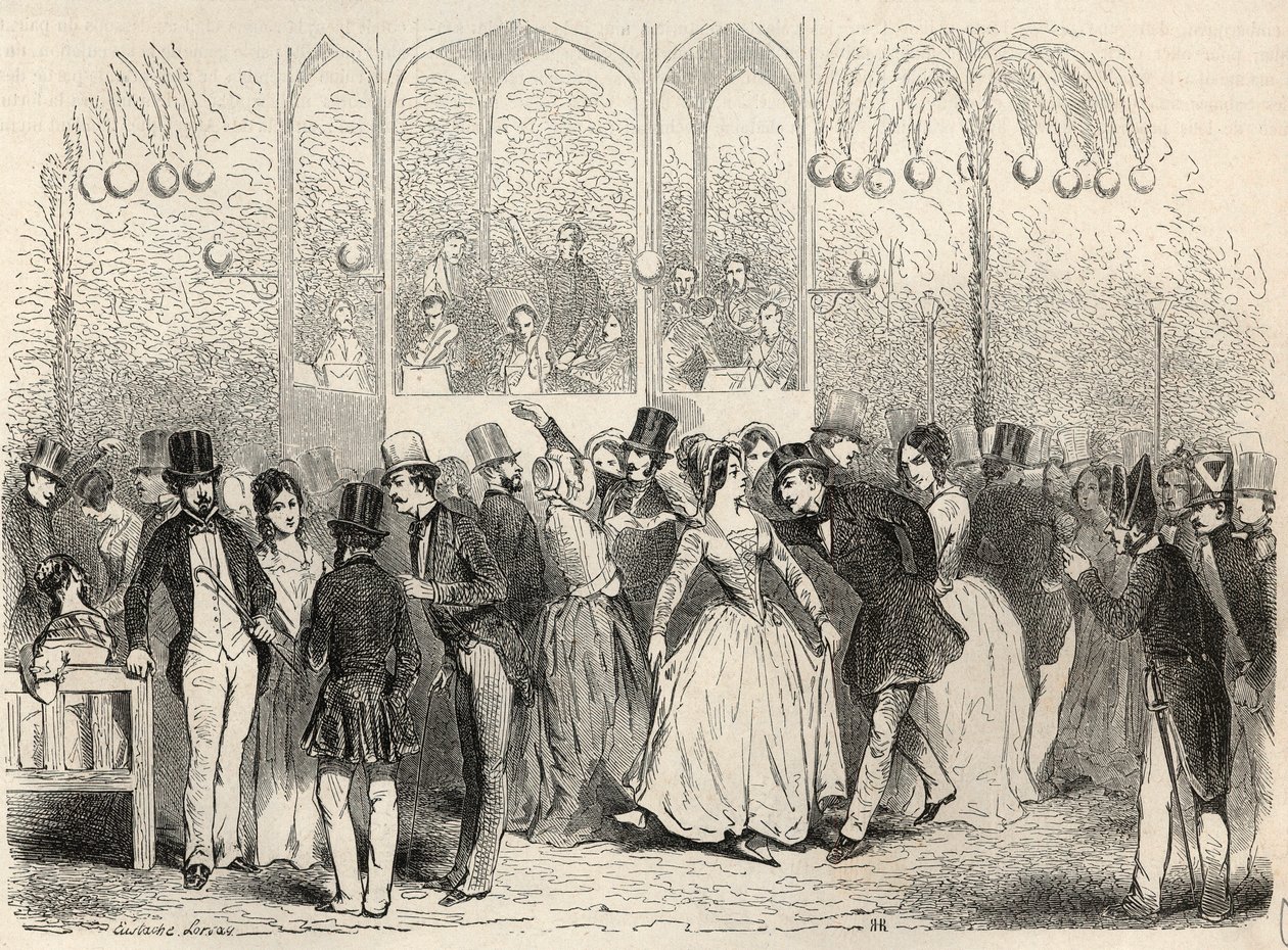 Bal Mabille (establecimiento de danza y placeres, avenida Montaigne, París) Grabado en “Tableau-de-Paris” por Edmond Texier 1852 de French School