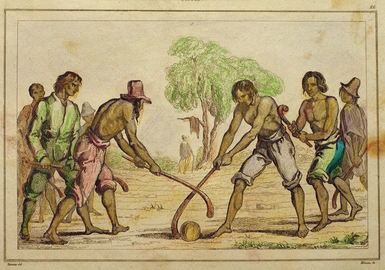 Juego de pelota, costumbres populares de los indios chilenos (grabado coloreado a mano) de French School