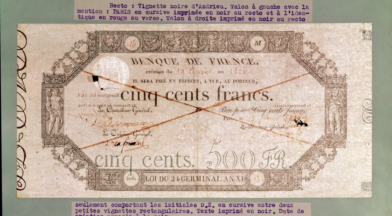 Billete de 500 francos del 24 Germinal del Año XI, 1806 de French School