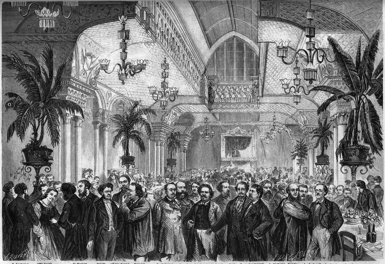 Banquete del periódico "Le Figaro", dado el 6 de febrero de 1864 en el salón del Restaurante del Passage des Princes en París, al que asisten periodistas, escritores, artistas... Están presentes, de izquierda a derecha: Nestor Roqueplan, Mme Ugalde, de Mon de French School