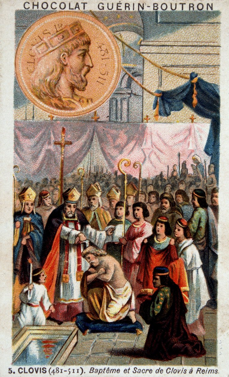 Bautismo y consagración de Clodoveo en la Catedral de Reims, 25 de diciembre de 496, por San Remigio, obispo de Reims de French School