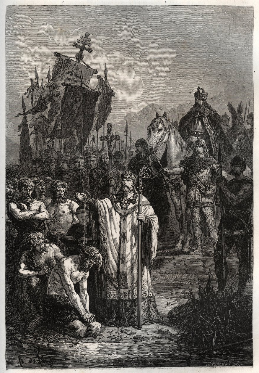 Bautismo del líder sajón pagano Widukind bajo la presión del emperador Carlomagno - Carlomagno impone el bautismo a los sajones - Conversión de Widukind ante Carlomagno en 785 - grabado de “L