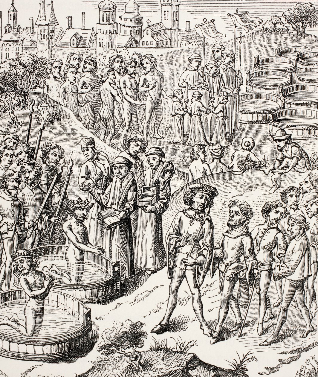 Bautismo de los sajones conquistados por Carlomagno, de Vida Militar y Religiosa en la Edad Media por Paul Lacroix, publicado en Londres c.1880 de French School