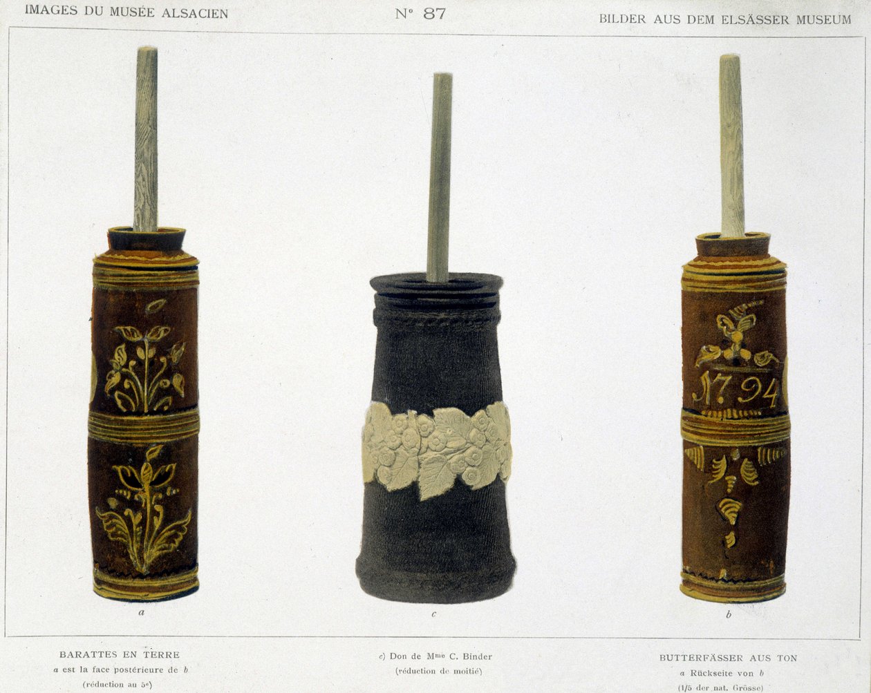 Barattes (para la fabricación de mantequilla) en barro trabajado conservado en el Museo Alsaciano, c.1800 de French School