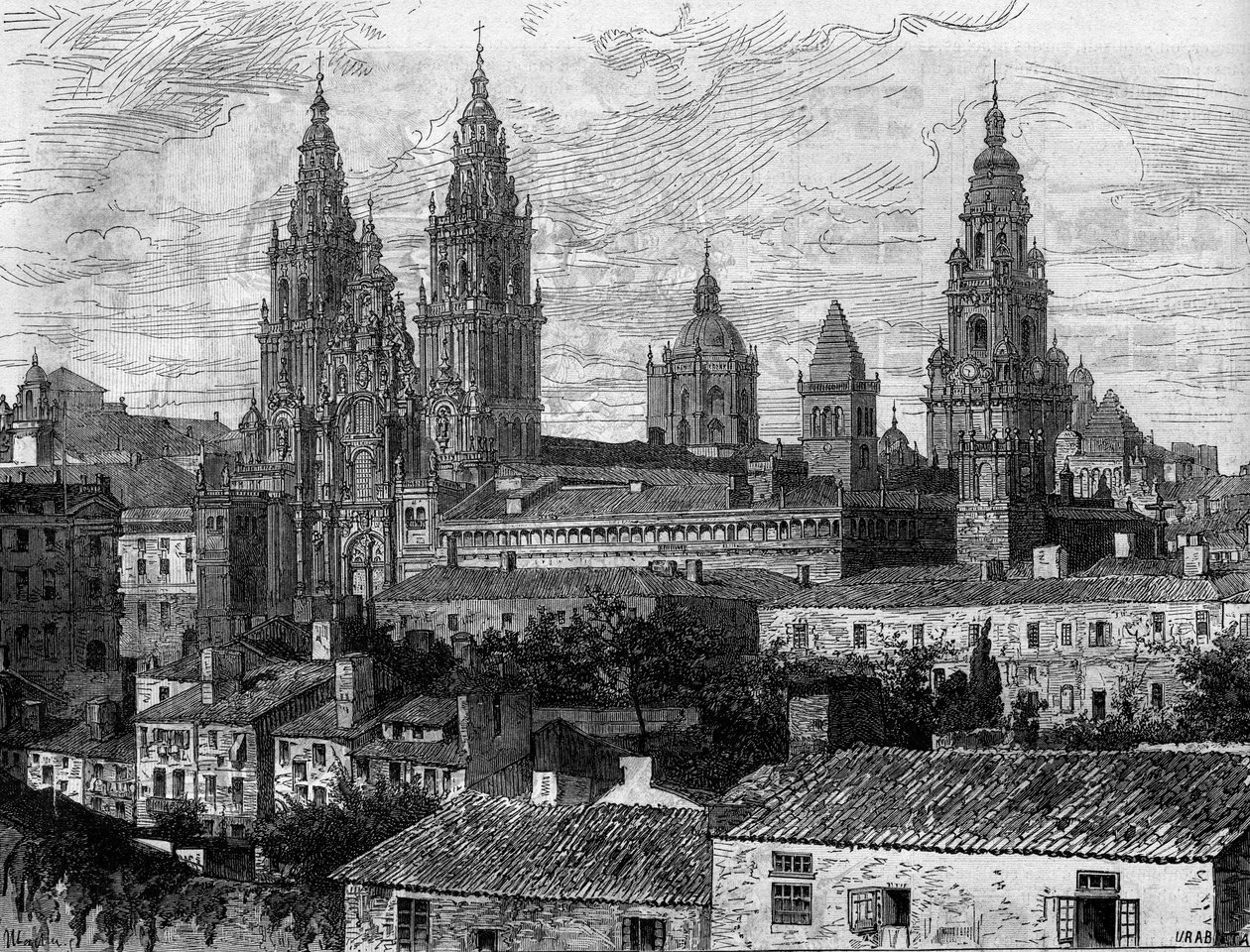 Arte barroco: vista de la Catedral de Santiago de Compostela. España. Grabado en “Le Monde Illustré” n°1220 del 14 de agosto de 1880. de French School