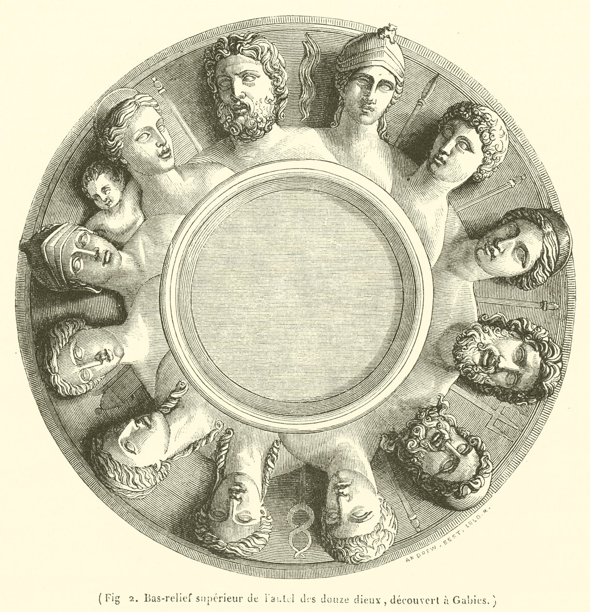 Bajorrelieve superior del altar de los doce dioses, descubierto en Gabies (grabado) de French School
