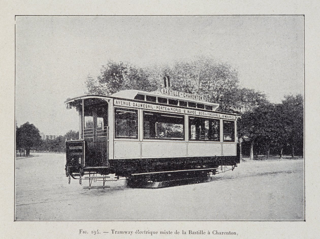 Tranvía eléctrico Bastille-Charenton - en “A través de la electricidad” por G. Davy de French School