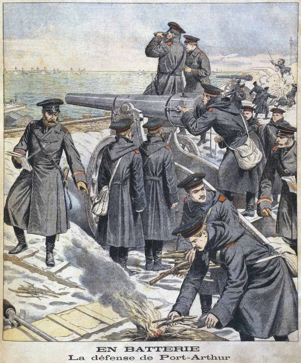Batería, defensa de Port Arthur, ilustración de Le Petit Journal: Supplement Illustre, 27 de marzo de 1904 de French School