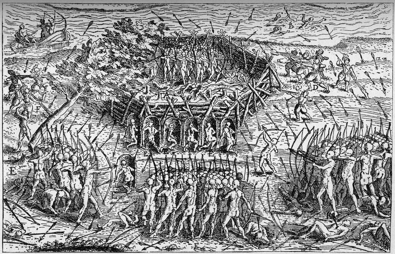 Batalla entre el ejército francés de Samuel de Champlain (circa 1567-1635) y los iroqueses. Canadá, principios del siglo XVII. Grabado en 