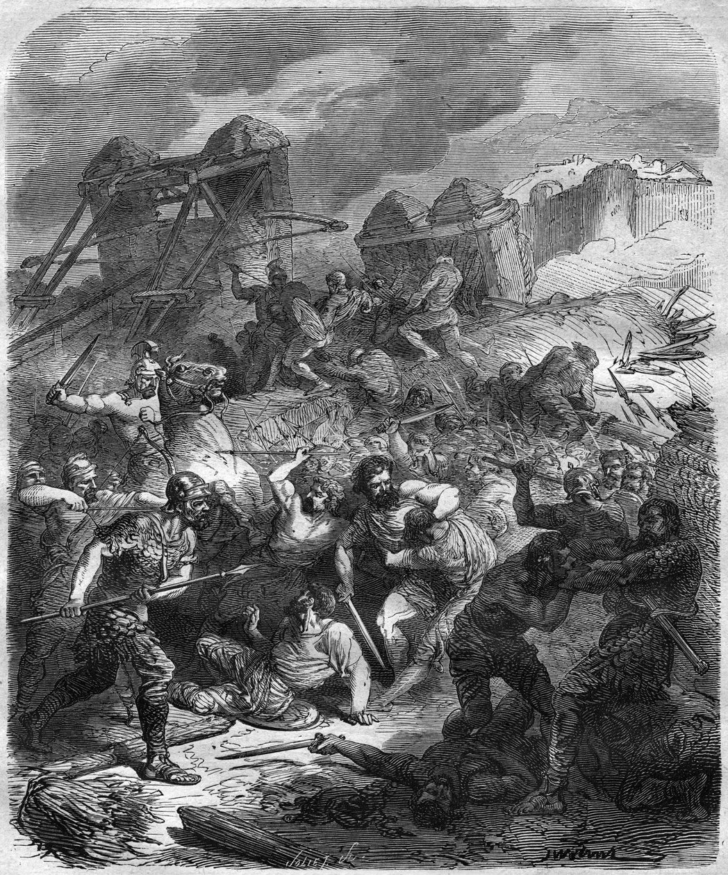 Batalla de Alesia, Guerras Galas, 52 a.C. (grabado) de French School