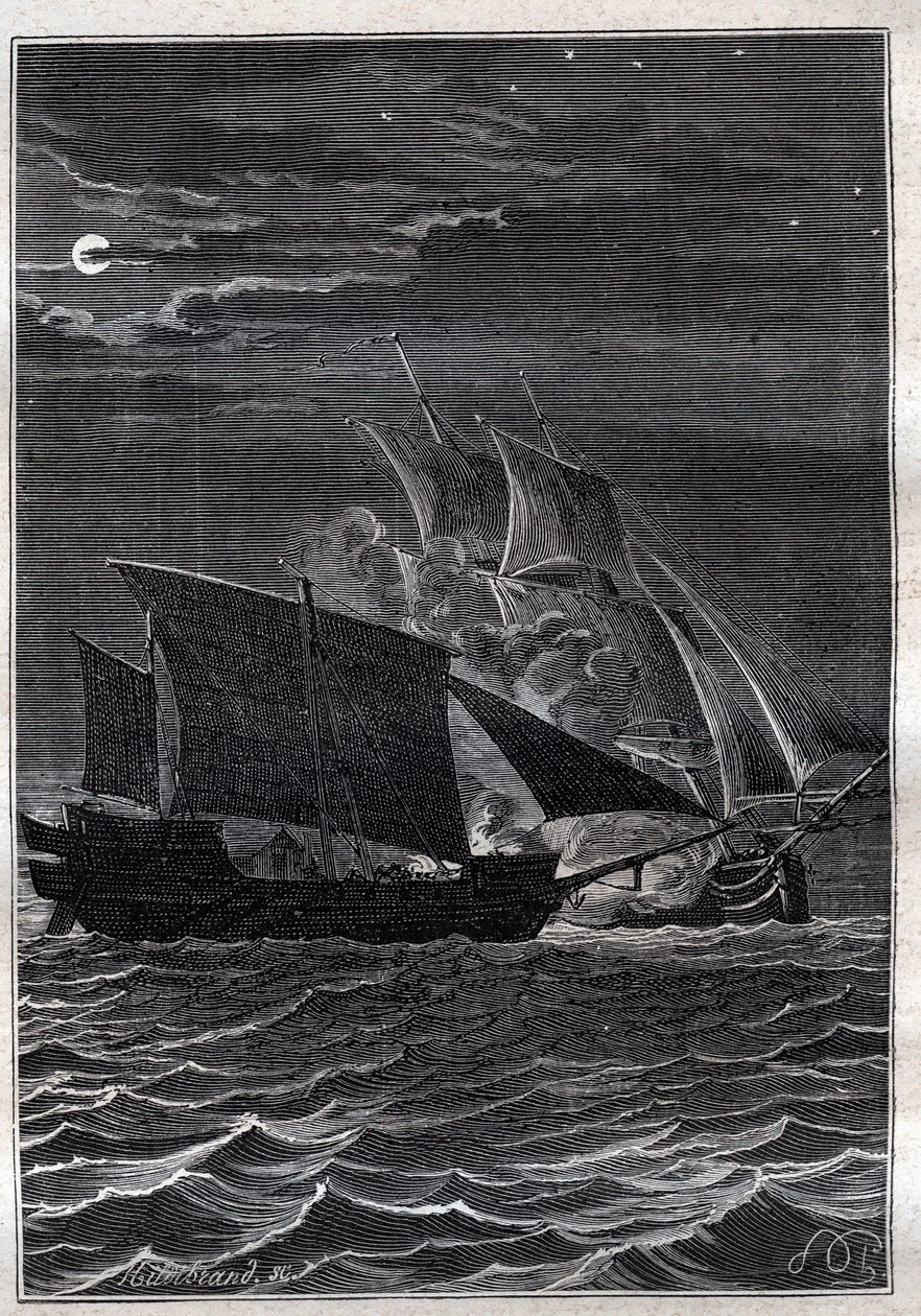 Batalla del Golondrina y un barco pirata malayo: El barco Golondrina de Philip Carteret o Philippe de Carteret (1733-1796) luchó con un barco pirata malayo en las aguas de Indonesia en 1767 - ilustración de “Los Grandes Marineros del siglo XVIII” de French School