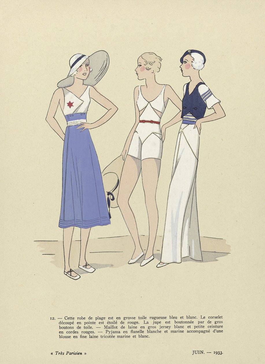 Ropa de playa de Tres Parisien, junio de 1933 (estampado pochoir) de French School