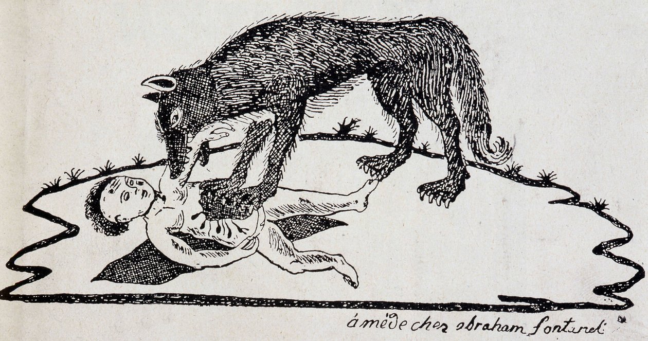Bestia desgarrando a un niño (bestia del Gévaudan) - grabado en madera publicado en Mende (Archivos del Puy-de-Dôme) de French School