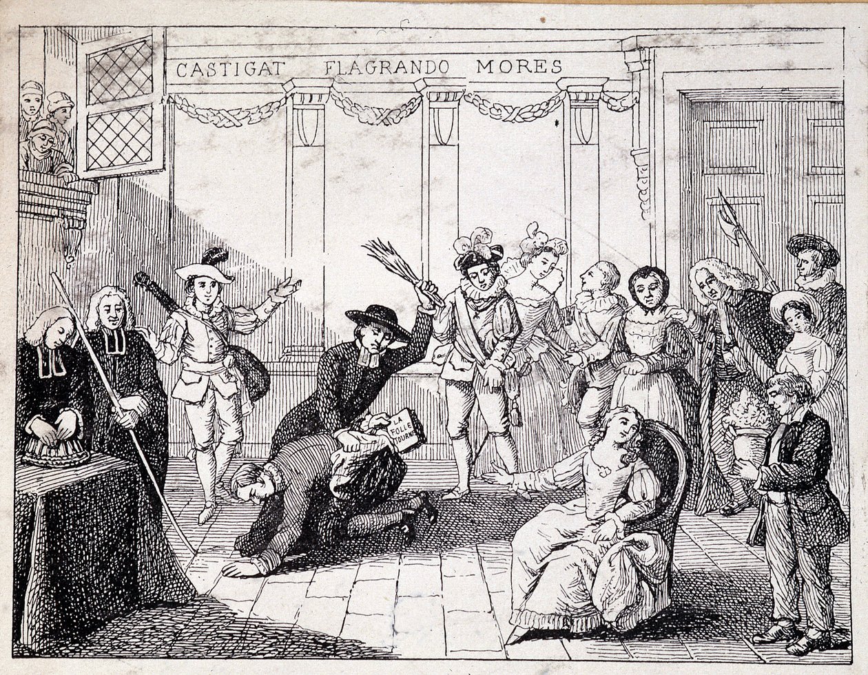 Beaumarchais azotando en Saint Lazare - escena de fustigación de Beaumarchais, sosteniendo en la mano el folleto de la Folle journee - de ap. pintura de la Comedie Francaise, grabado de French School