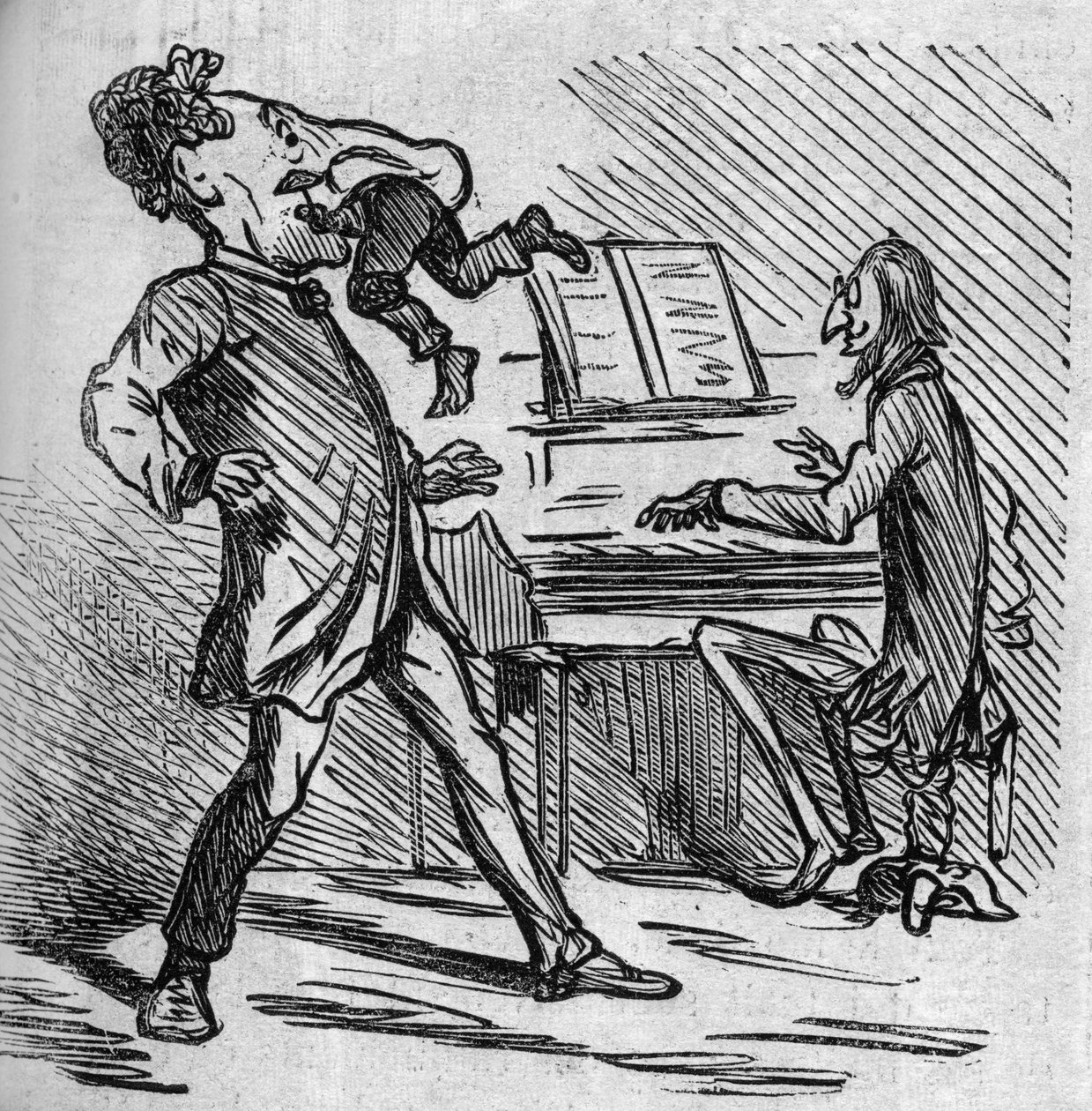 Antes de cantar la música del Sr. Offenbach, el tenor Hyacinthe recibe golpes para dar alivio a sus notas altas. El compositor francés naturalizado alemán Jacques Offenbach (1819-1880) tocando el piano y Louis Hyacinthe Duflost, conocido como Hyacinthe de French School