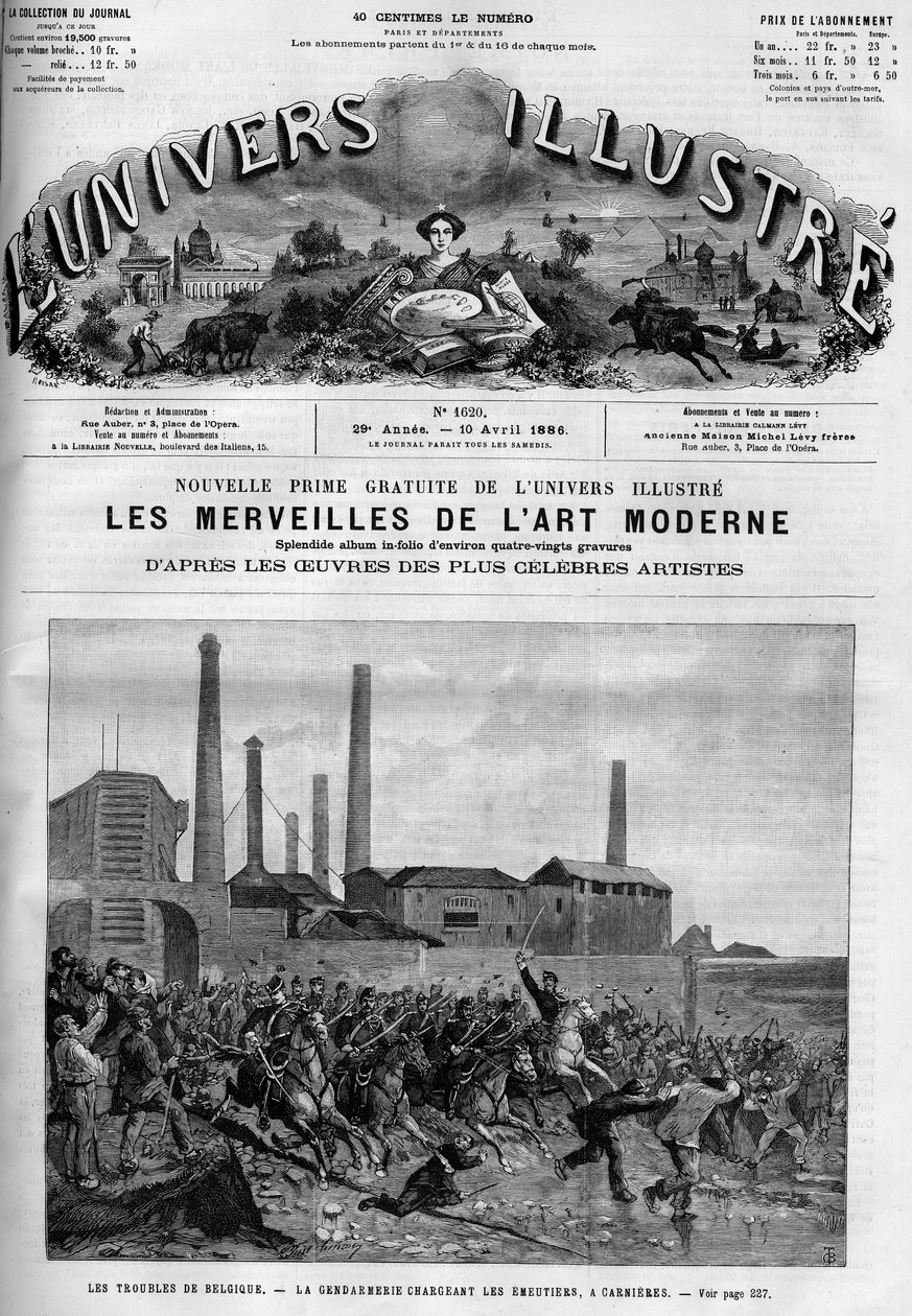 Huelga de trabajadores belgas: la policía cargando a los jinetes en Carnieres. Un periódico. Grabado en "Le Monde Illustré" de French School