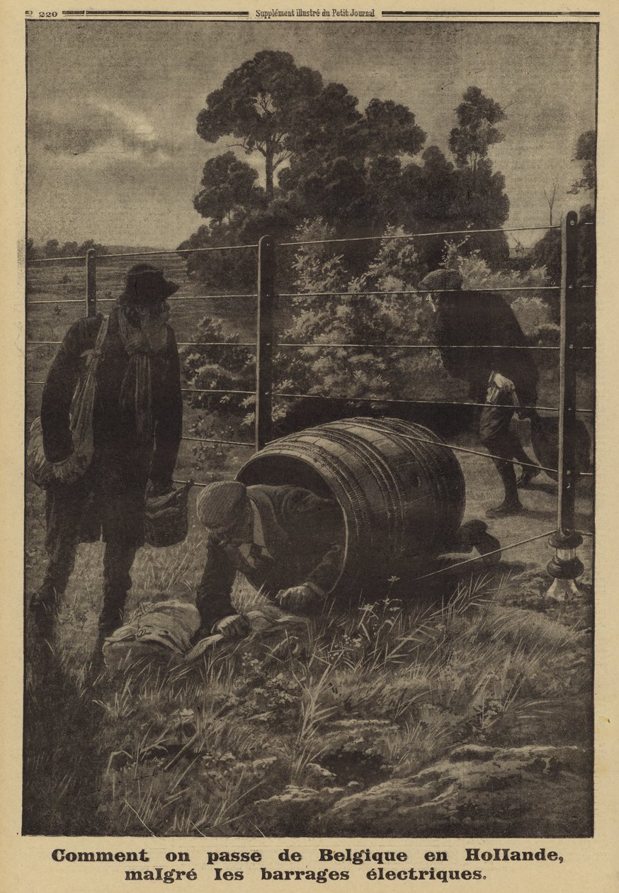 Belgas utilizando un barril para eludir una valla eléctrica instalada por los alemanes ocupantes en la frontera con los Países Bajos, Primera Guerra Mundial. de French School