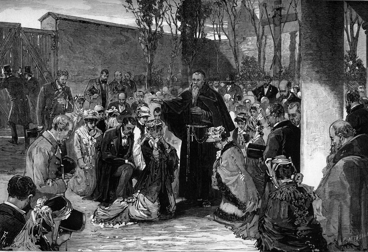 Bendición de los fieles en el patio de los capuchinos en la rue de la Santé en París el 30 de octubre de 1880, antes de su expulsión tras los decretos de marzo de 1880 emitidos por Jules Ferry, que eliminaban el derecho a enseñar a los miembros de congrega de French School
