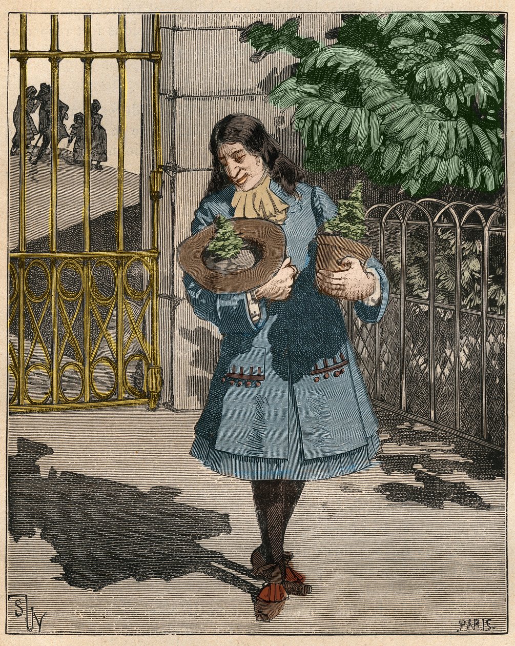 Bernard de Jussieu (1699-1777), botánico francés trayendo dos cedros del Líbano desde Inglaterra en 1734. Grabado de 1885 en “Les arts et metiers illustres” por Adolphe BITARD. de French School