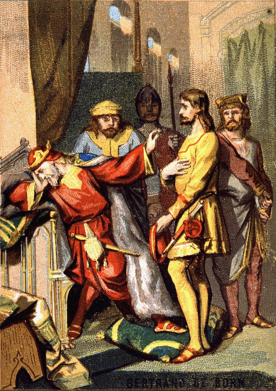 Bertran (Bertrand) de Born (1140 - 1215) trovador perigordino, señor de Hautefort, ante Enrique II (1133 - 1189) de Inglaterra. Cromolitografía de la Serie "Educación Patriótica a través de la Imagen" de French School