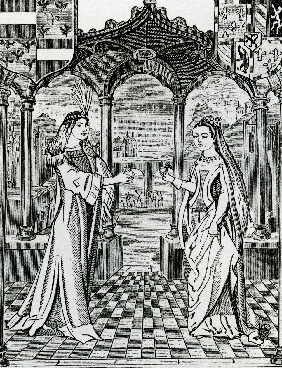 Desposorio de Maximiliano I y María, duquesa de Borgoña en 1477, después de una imagen en las Crónicas de Flandes de French School