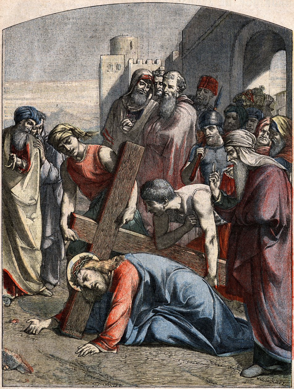 Escena bíblica - Vía Crucis: Jesús cae por primera vez. Grabado en “Le Pèlerin” del 3 de mayo de French School