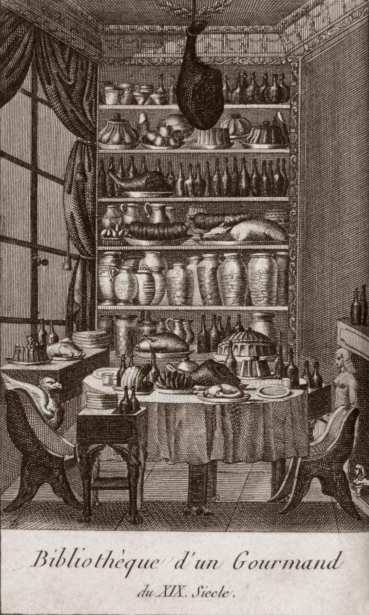 Biblioteca de un gourmet del siglo XIX - grabado en “Almanach des gourmands, sirviendo como guía en formas de hacer excelente comida. Por un viejo aficionado” por Alexandre Balthazar Laurent Grimod de la Reynière - 1804-1812 de French School