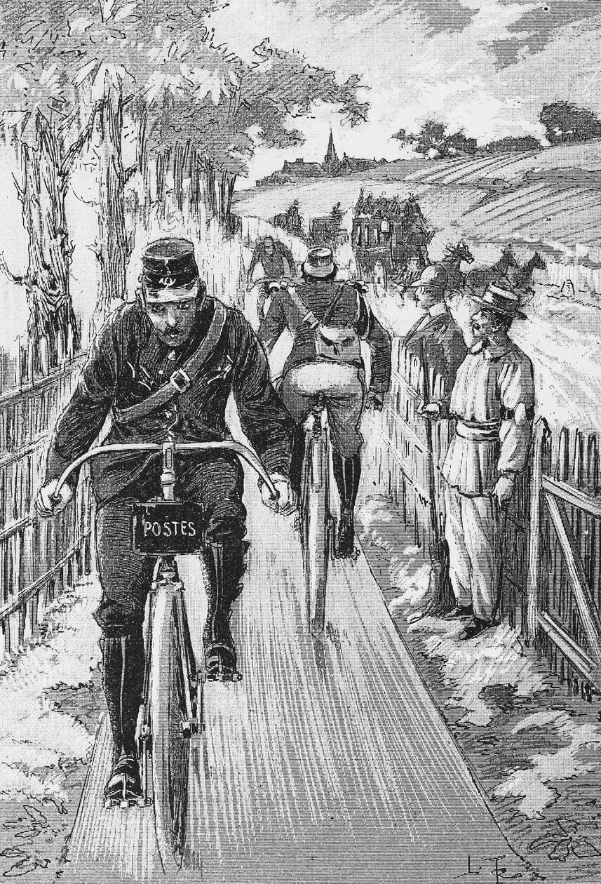 Pista de bicicletas para factores: proyecto de pista Swift por M. Berruyer - en "Ciclismo Teórico y Práctico" de L. Baudry de Saunier, grabado, Bibl. de la ciudad de París. de French School