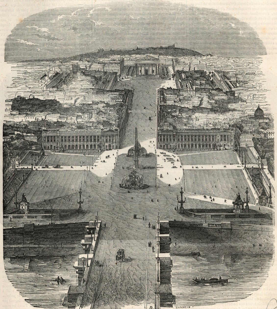 Vista aérea de la Place de la Concorde, rue Royale con la iglesia de la Madeleine - Grabado en “Tableau-de-Paris” por Edmond Texier 1852 de French School