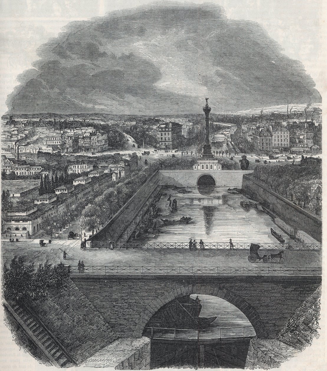 Vista de pájaro del Canal Saint-Martin (San Martín), la Plaza y el distrito de la Bastilla, tomada desde la orilla derecha del Sena - Grabado en "Tableau-de-Paris" por Edmond Texier 1852 de French School