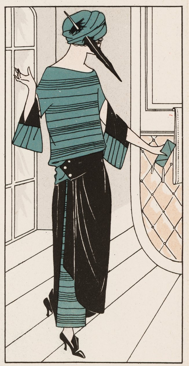 Vestido de crepé de chine negro y turquesa de los años 20 (litografía en color) de French School