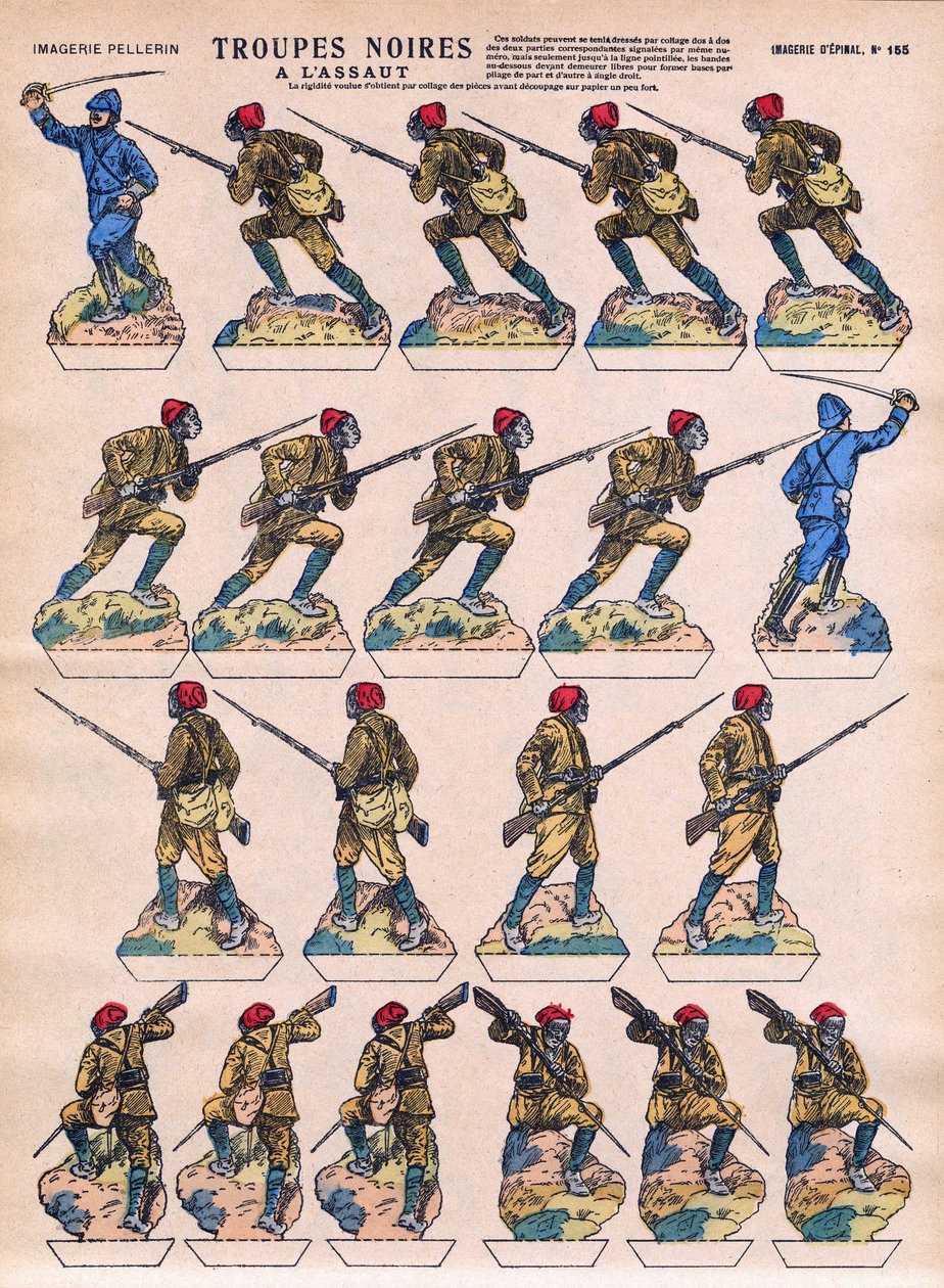 Tropas negras asaltadas en el ejército francés de colonias africanas. Imagen de Epinal, principios del siglo XX de French School