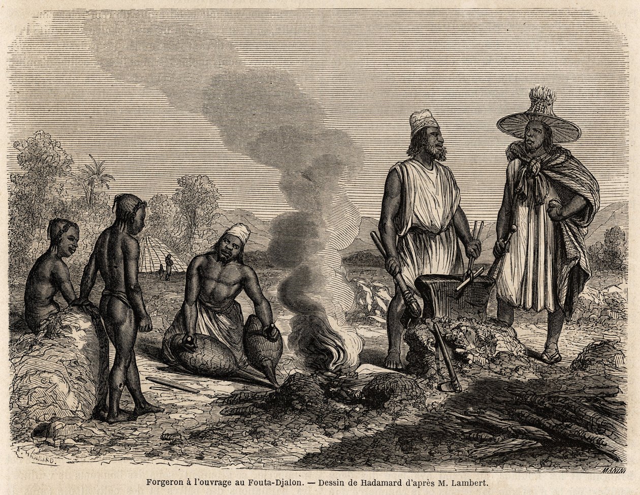 Herrero trabajando en Fouta Djalon (Senegal), dibujo de Hadamard, para ilustrar el viaje del teniente Lambert a Fouta Djalon en 1860. Grabado en "Le tour du monde" 1861. Colección Selva de French School