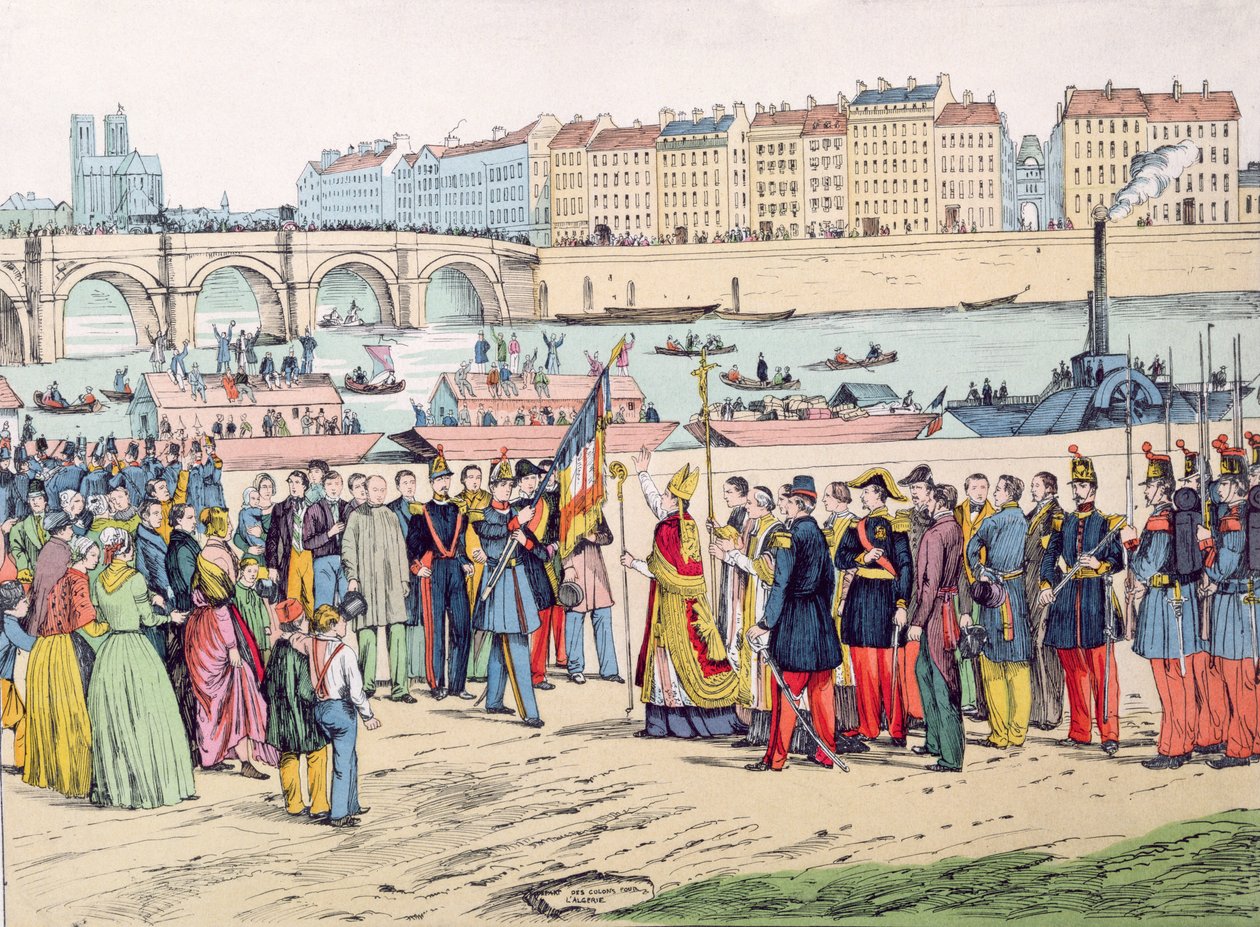 Bendición de las Banderas en París antes de la Partida de los Colonos hacia Argelia en 1843, 1935 de French School
