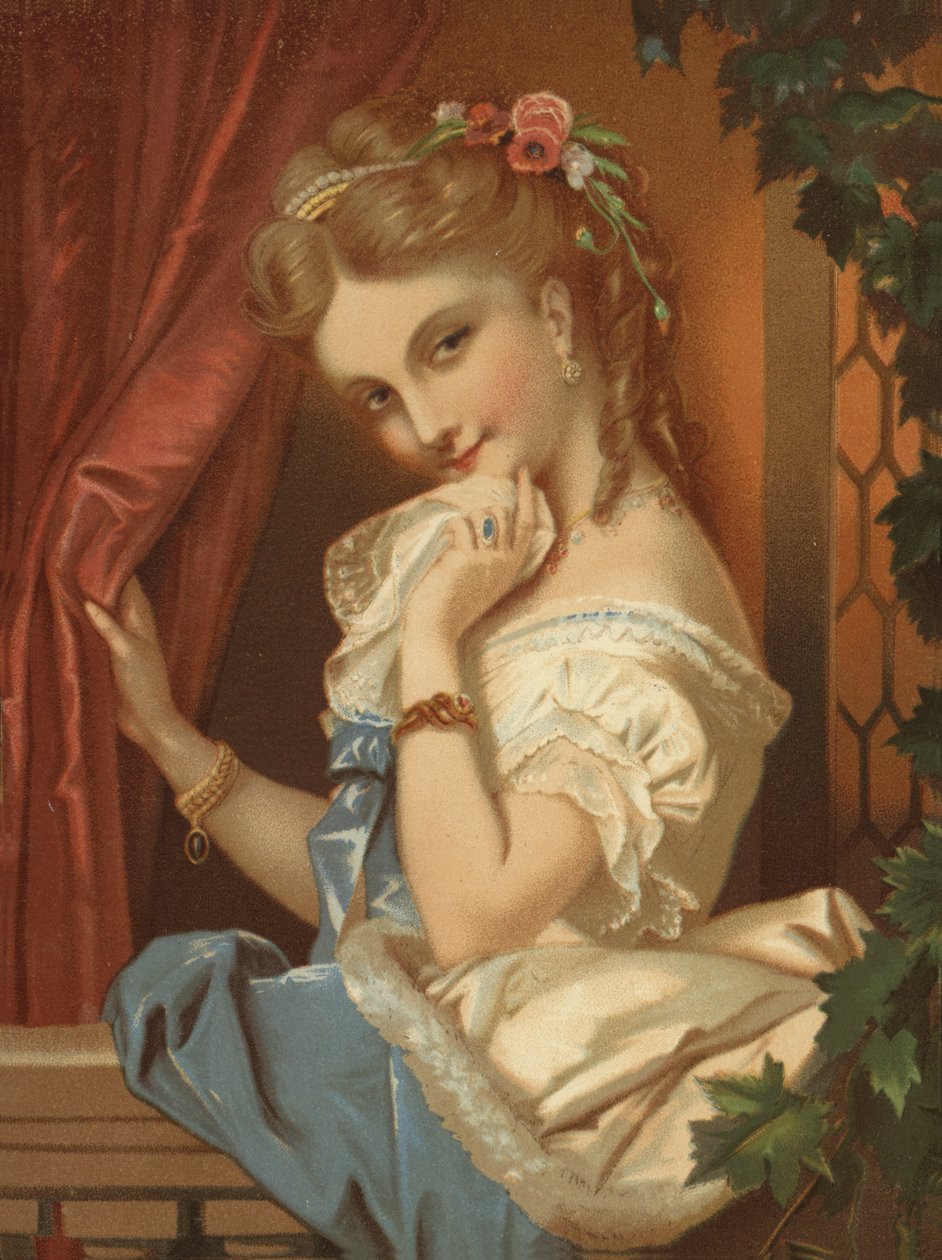 Chica rubia, con sonrisa seductora (cromolito) de French School