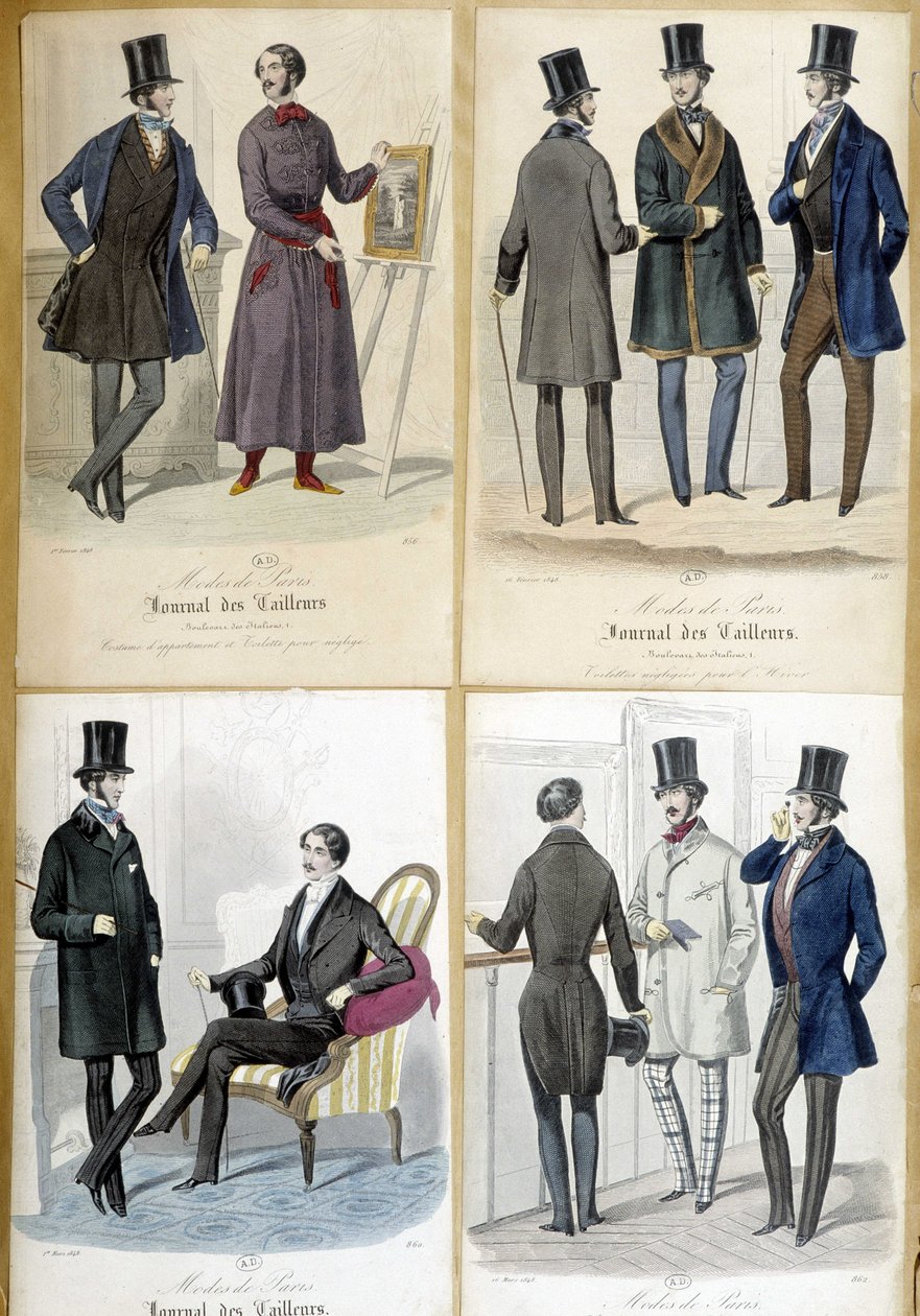 Tablas que ilustran la moda masculina del "Journal des tailors" de 1848 de French School
