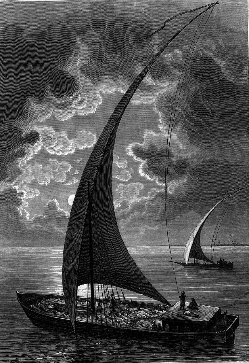Barco (feluca) en el Nilo, Egipto. Grabado en "The Journal of Youth" de French School