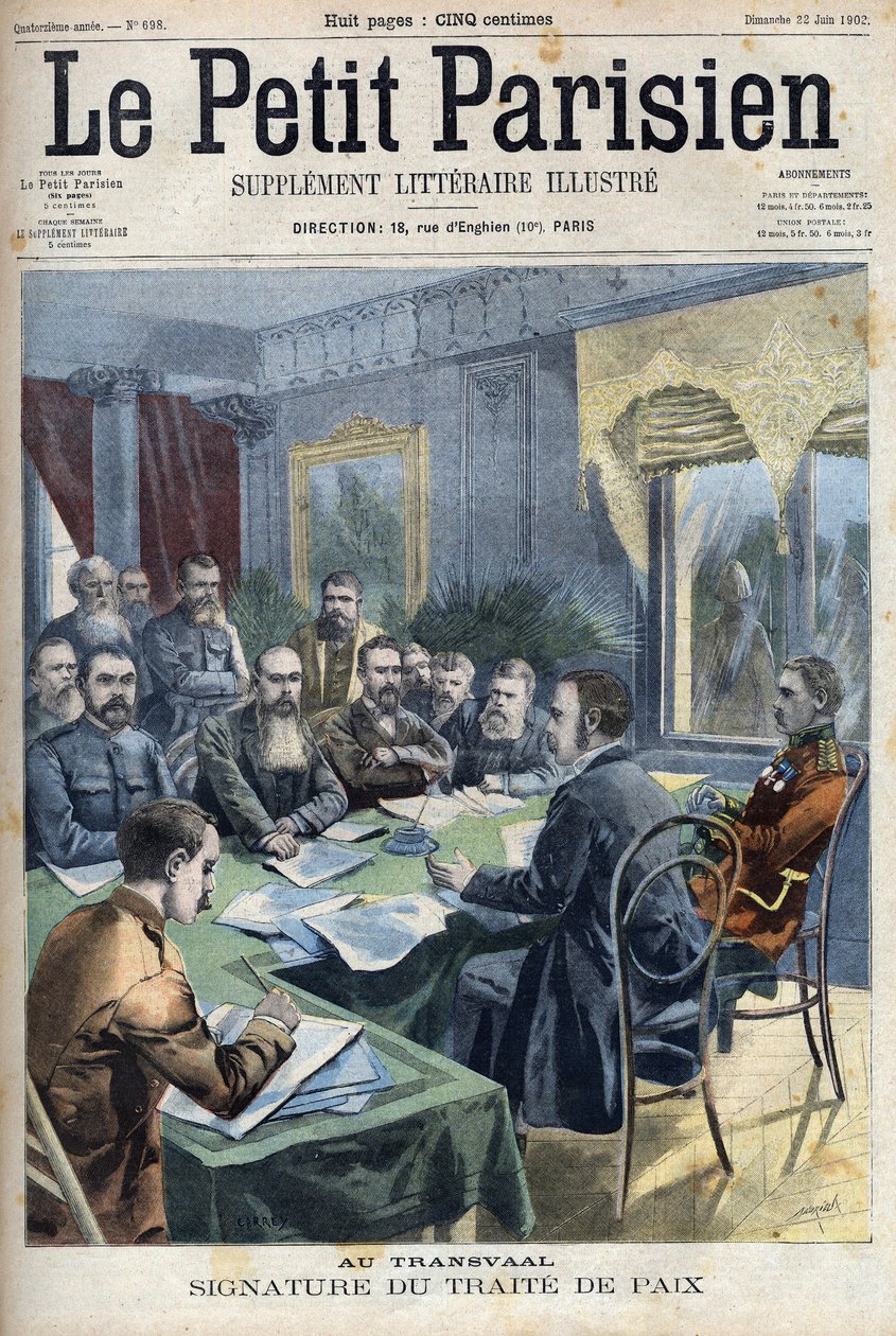 Guerra de los Bóers. La firma del tratado de paz del Transvaal entre los jefes bóers y el general británico Horatio Herbert Kitchener (1850-1916) en Pretoria, Sudáfrica. Grabado en "Le Petit Parisien" de French School