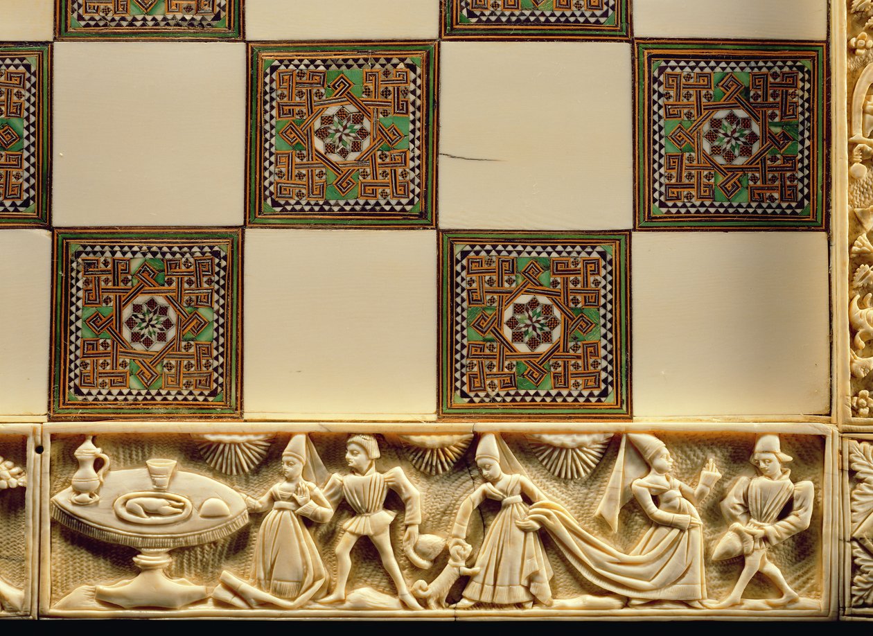 Borde de un tablero de ajedrez que representa la vida cortesana, 1415 de French School