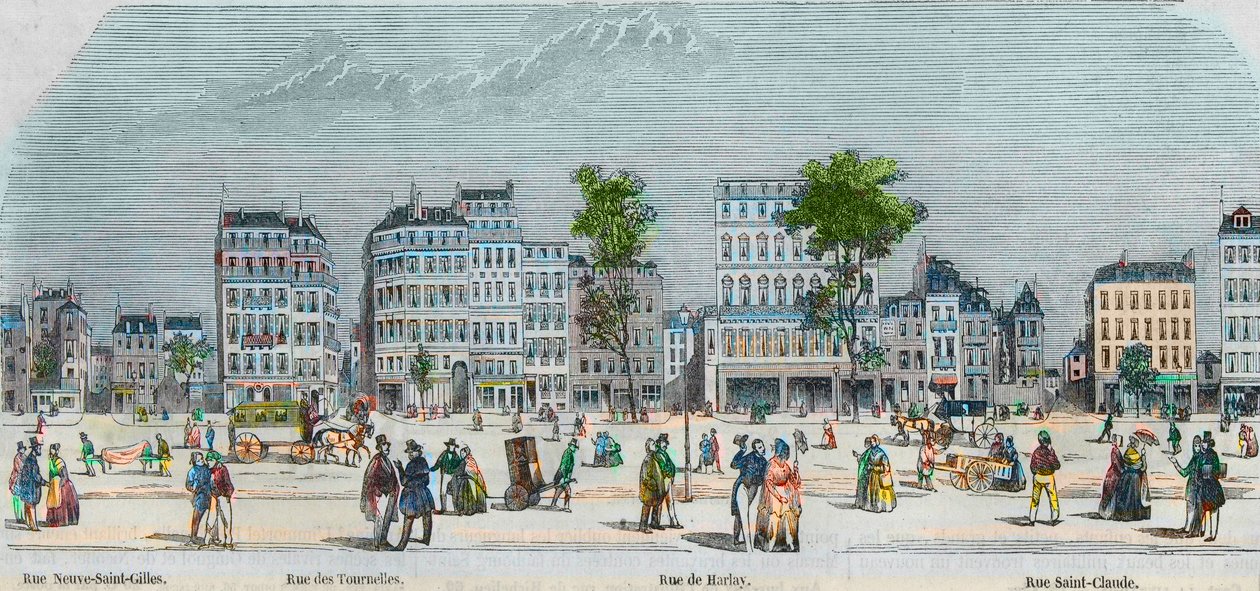 Boulevard Beaumarchais lado sur - rue Neuve-Saint-Gilles - Rue des Tournelles - Rue de Harlay - Rue Saint-Claude - Grabado en “Tableau-de-Paris” por Edmond Texier 1852 de French School