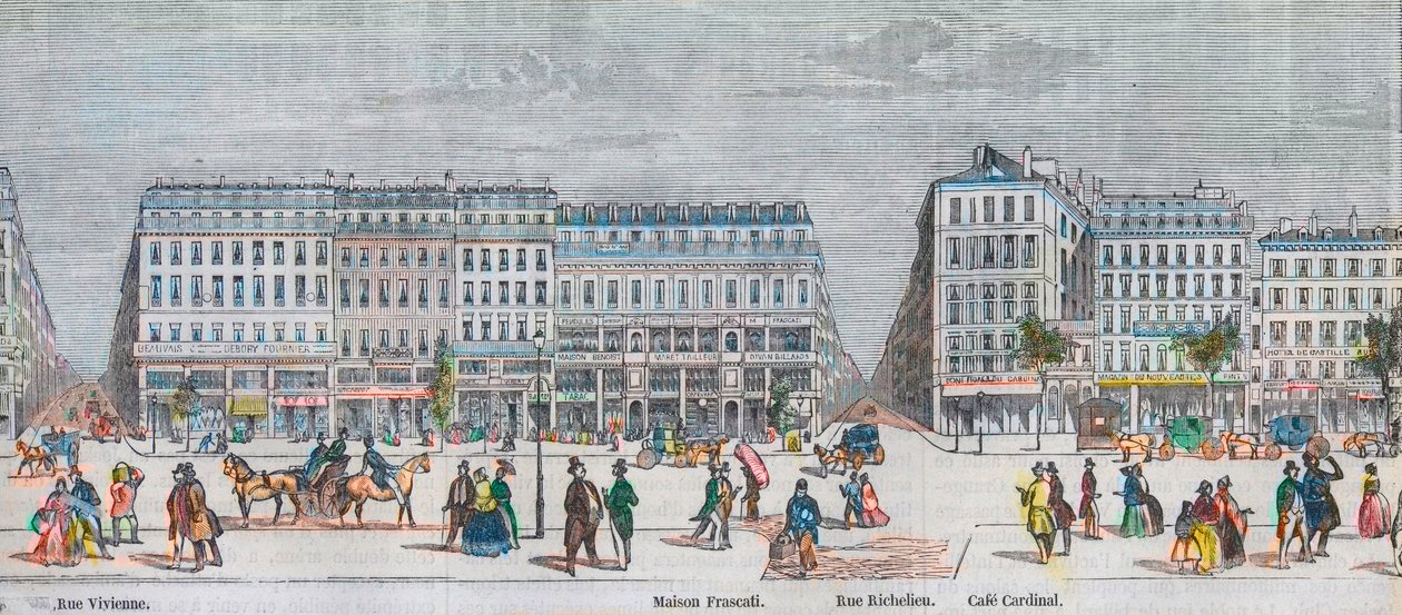 Boulevard Montmartre lado sur y boulevard des Italians lado sur - Rue Vivienne - Maison Frascati - Rue Richelieu - café Cardinal - Grabado en “Tableau-de-Paris” por Edmond Texier 1852 de French School